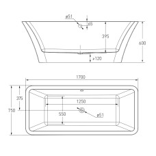 Ванна 170*75*60см, що окремо стоїть, з сифоном